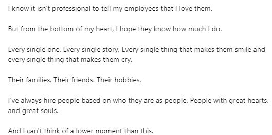 Viral η ανάρτηση του CEO που κλαίει μετά τις απολύσεις εργαζομένων του-2